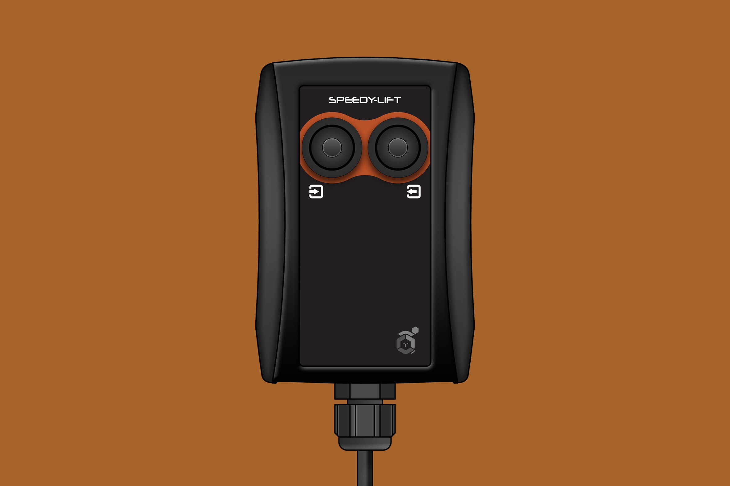 A two-button SPEEDY-LIFT hand pendant. In/Out buttons on the face and a wire is connected to the bottom.